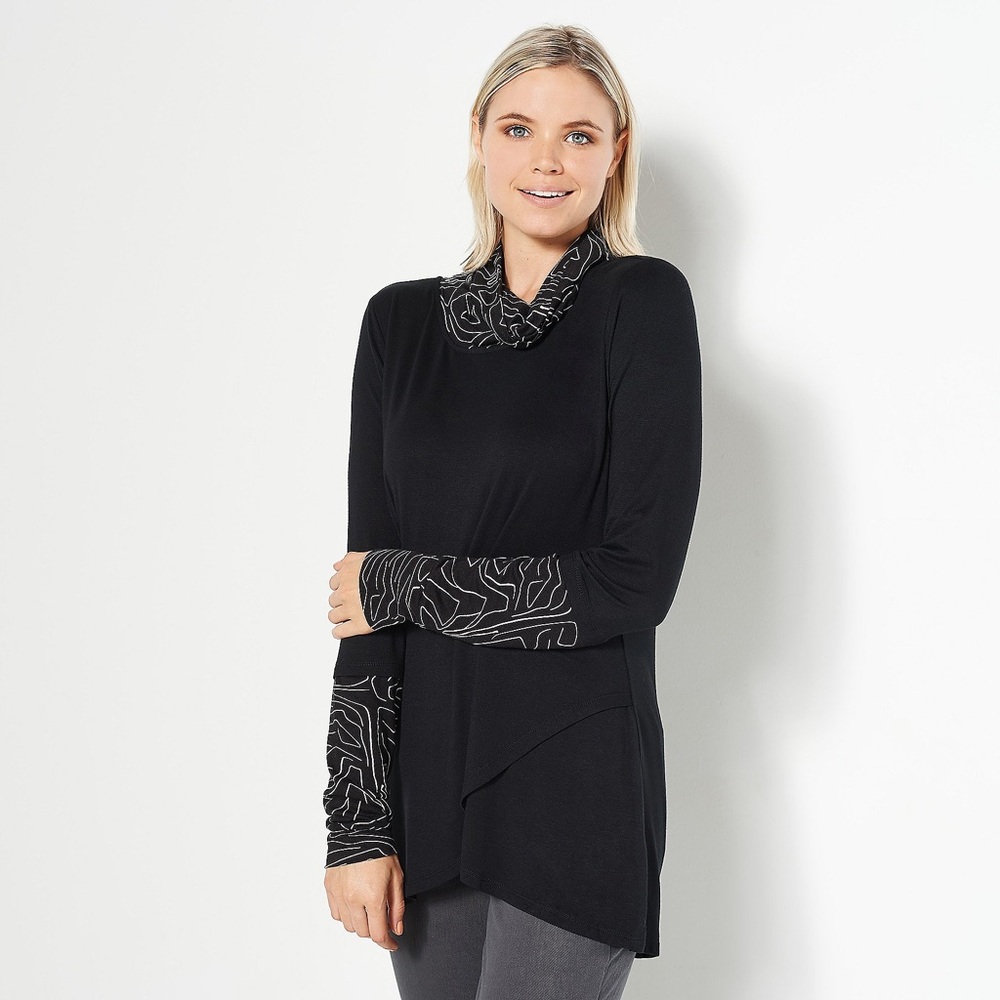 Truth + Style Jersey with Contrast Knit Trim Tunic Overlap - Black (M) A461097